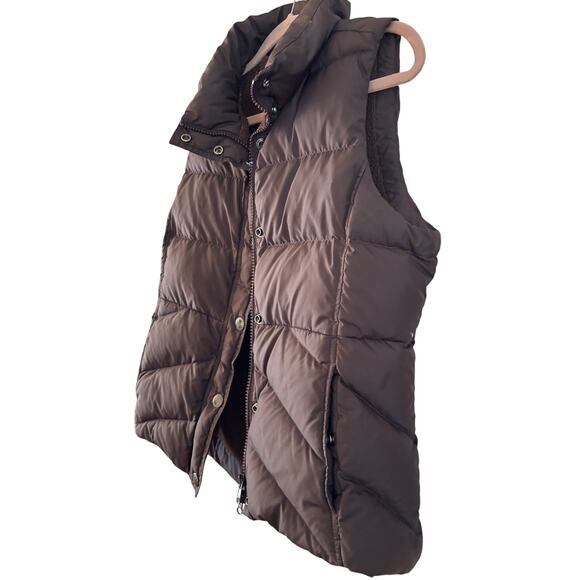 J Crew Puffer Vest Womens Medium Brown Snap and Zip Up Collared Faux Fur Lined - Picture 3 of 7